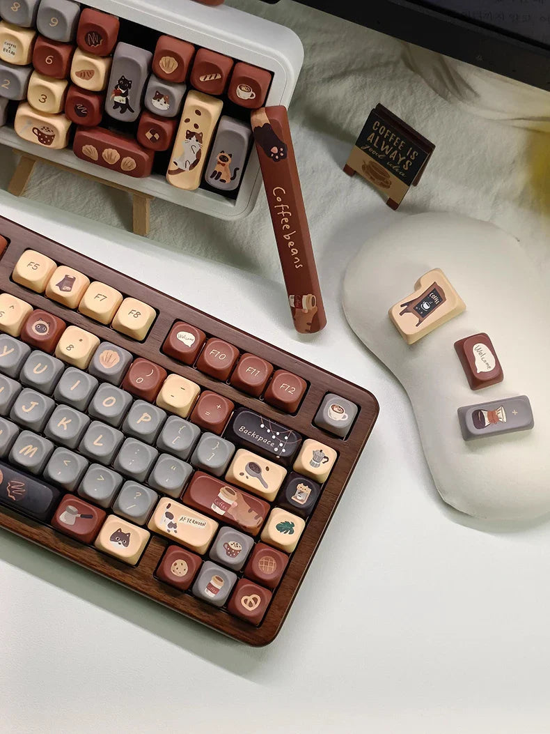 Cute Musk Cat Cafe Theme Keycaps Set PBT Cherry Profile MOA Custom Original Handmade Keycaps for Mechanical Keyboard Accessories