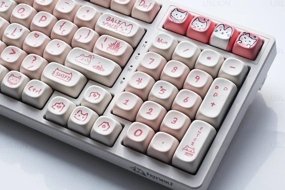 USLION 139Keys Keycaps Pink Meow Cat Theme MOA Profile PBT Kep Caps for 61/64/68/84/75/87/96/104 Keys Gaming Mechanical Keyborad