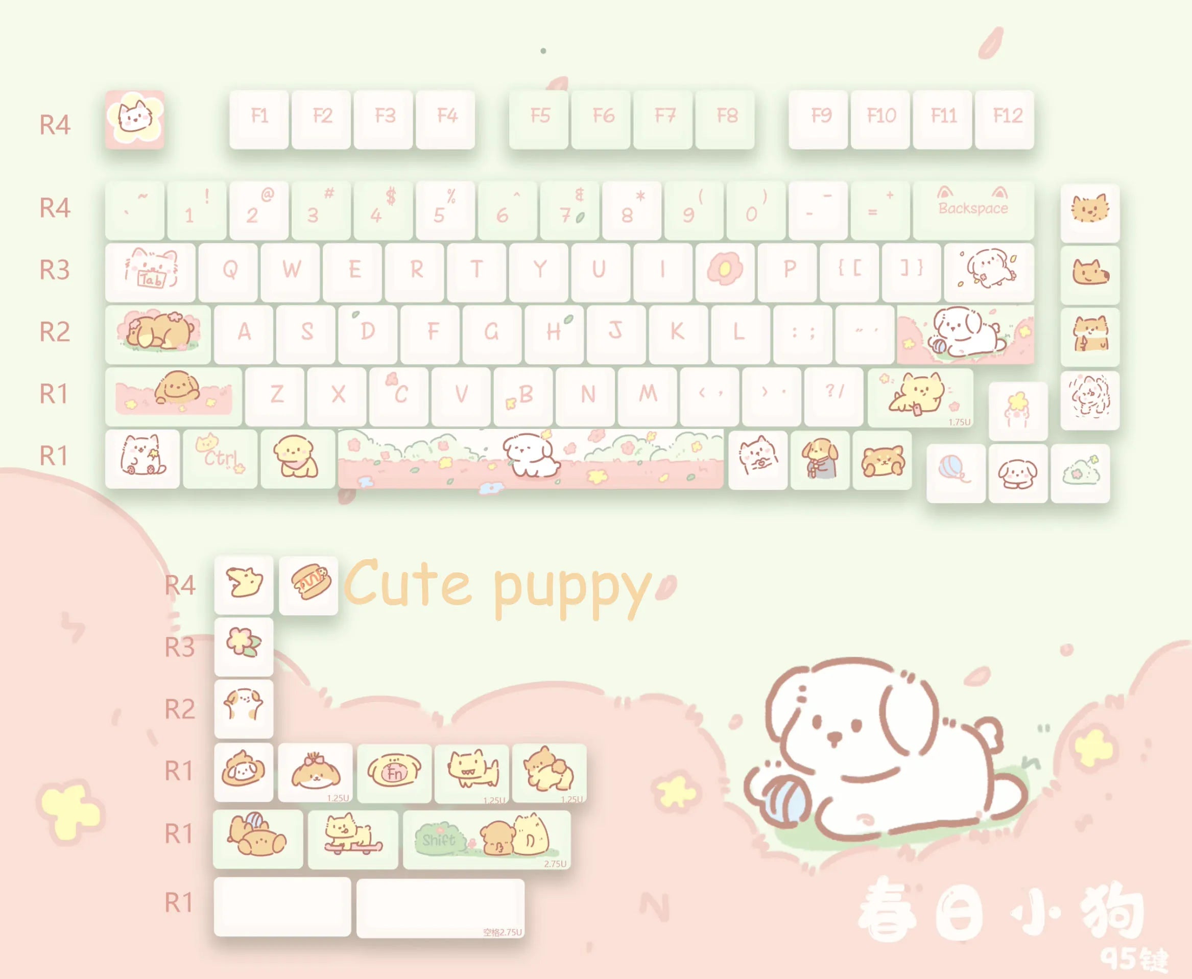 Customized Cute Cartoon Keycaps Cherry Profile Dye Sub PBT Keycaps 95 Keys for 75% Cherry Gateron MX Switches Gaming Keyboard