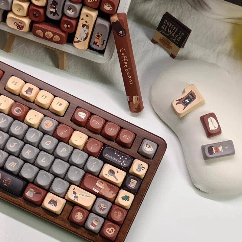 Cute Musk Cat Cafe Theme Keycaps Set PBT Cherry Profile MOA Custom Original Handmade Keycaps for Mechanical Keyboard Accessories