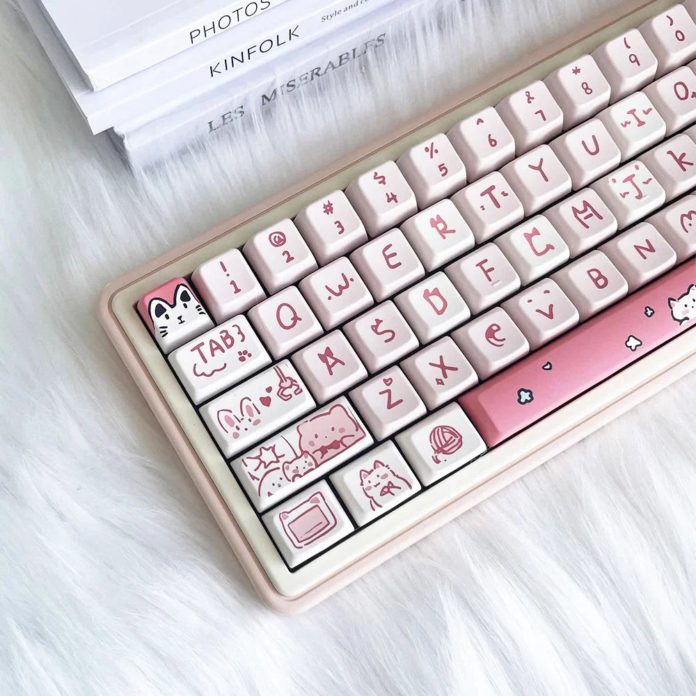 66/146 Keys MDA Profile Pink Cute Cat Keycaps For Gaming Mechanical Keyboard Mx Switch PBT Sublimation Customized DIY Key Caps