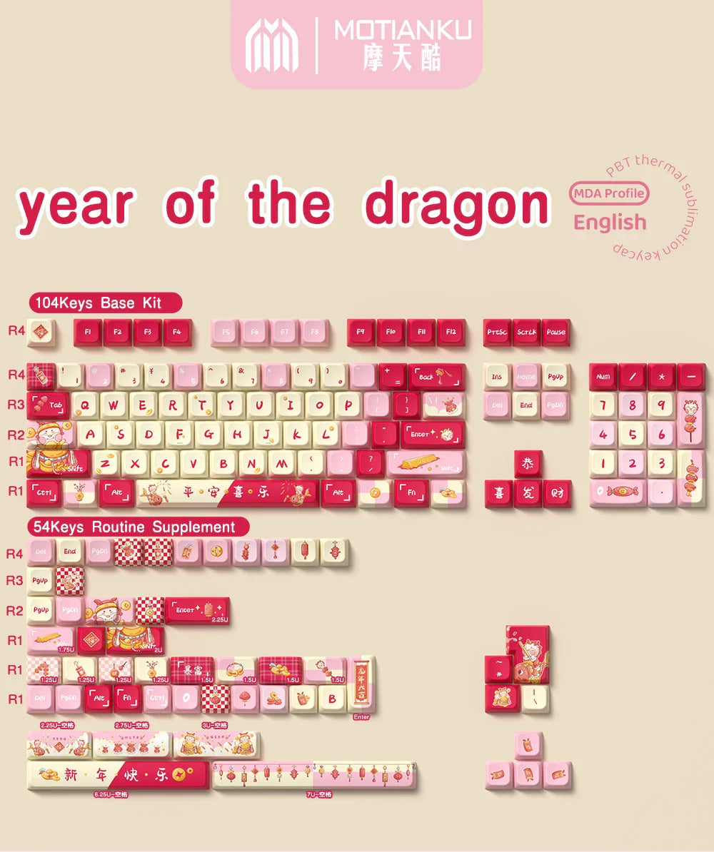 Lucky Dragon Year Theme Keycaps MDA Profile Personalized Keycap For Mechanical Keyboard with 7U and ISO key cap