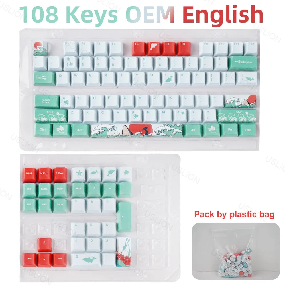 108 Keys OEM Profile Keycaps Coral Sea Theme PBT Five-side DYE Sublimation Key Caps for Gaming Mechanical Keyboard MX Switches