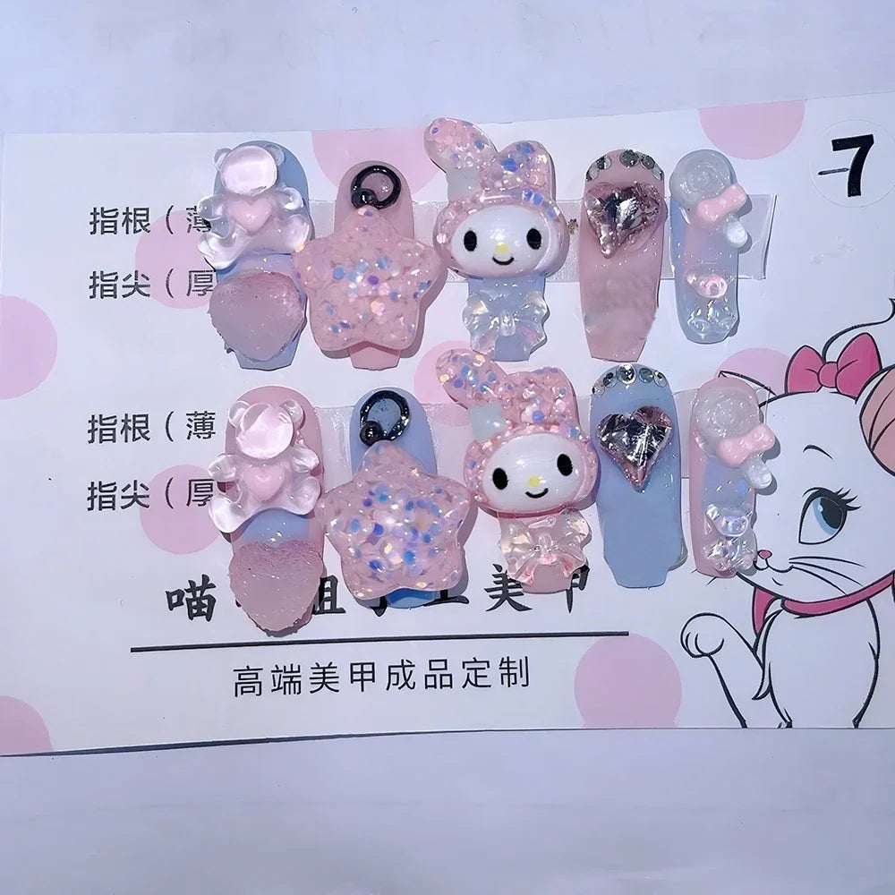 Cute Handmade Long Coffin Shape Fake Nail Kawaii Sanrio Hello Kitty Cinnamoroll Kuromi My Melody Detachable Nail Holiday Gift