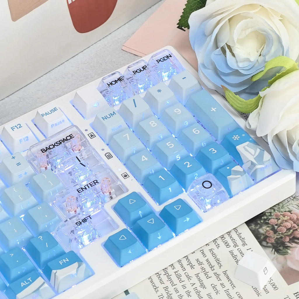 Korean Glacier Side-Engraved Translucent Keycaps OEM PBT Sublimation 122-Key DIY Fresh Gradient Blue White KR/korean Keycaps