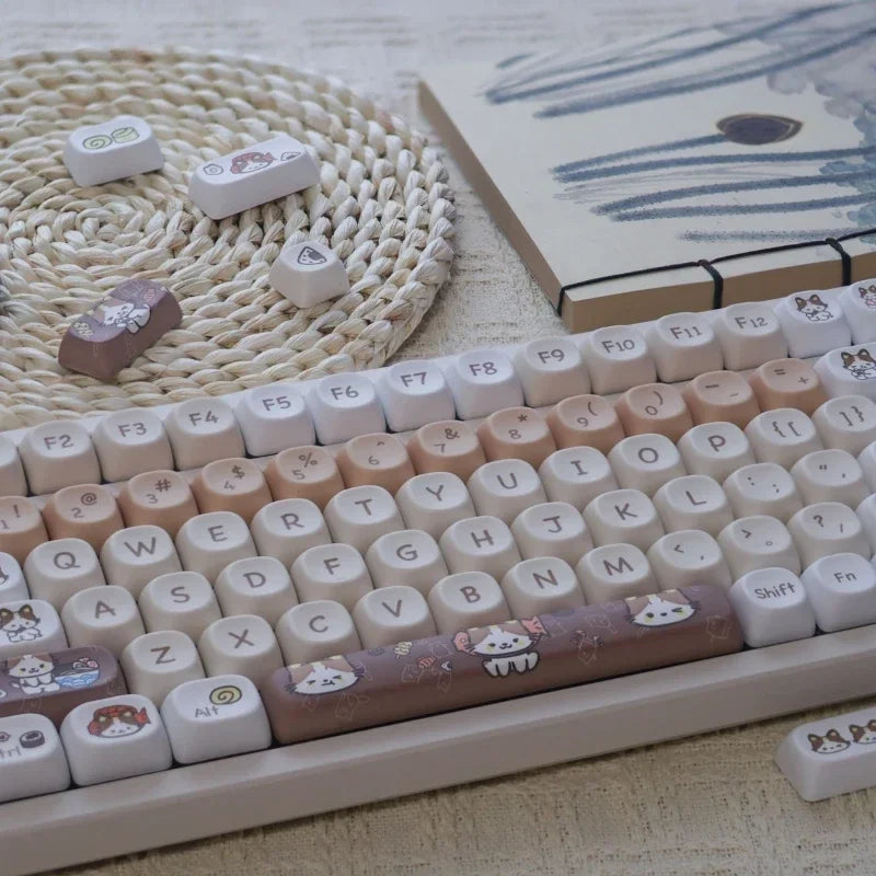 Cats Eat Japanese Food Keycaps Custom PBT MOA Profile Key Cap Cute Dye Sublimation Cartoon Anime Point Keycap Gaming Keyboard