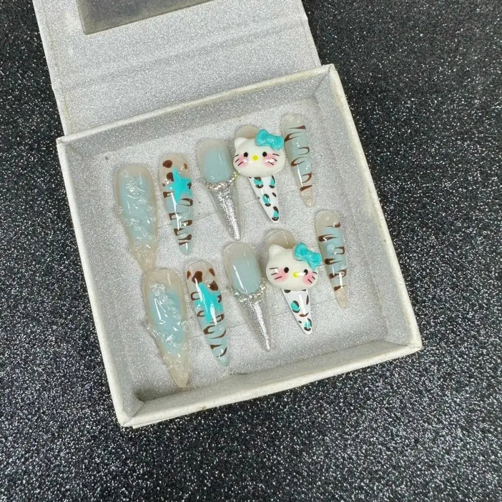 Cute 2024 Coffee Brown 3D Handmade Nail Art Sanrio Hello Kitty French Long Coffin Shape Star Kitty Full Coverage Removable Nails