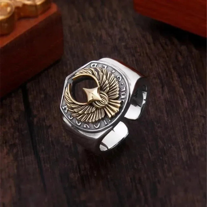 Devil Ram Horns Skull Open Ring for Men's Retro Satanic Cross Religious Amulet Jewelry