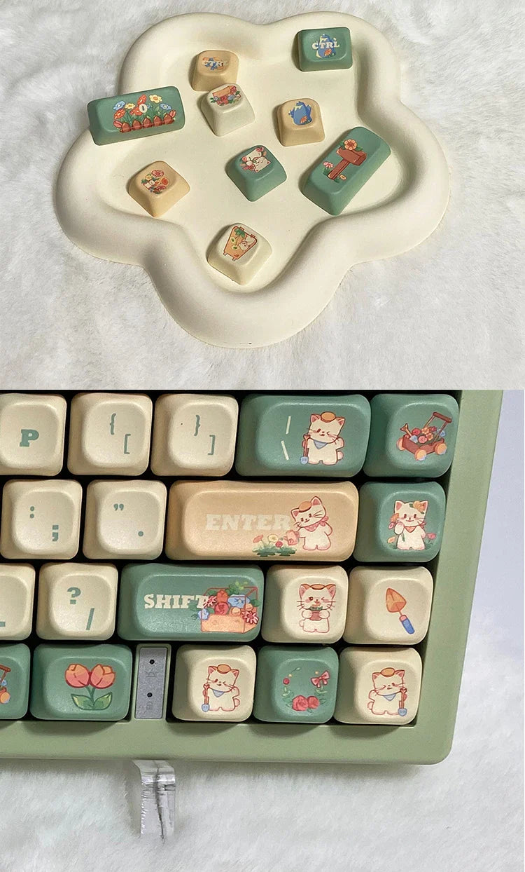 Cat Garden Keycap Set EOA Height PBT Five-Sided Sublimation Key Caps for  Mechanical Keyboard Flower Kitten Element Cute Keycaps