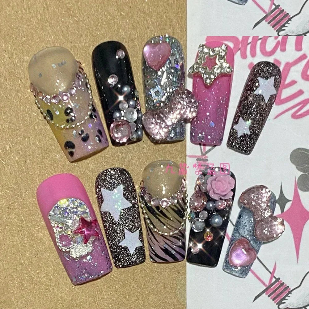 Sanrio Y2K Cartoon Long Square Crocodile Pattern Handmade Fake Nails Hello Kitty Five-Pointed Star Diamond Pearl Press On Nails