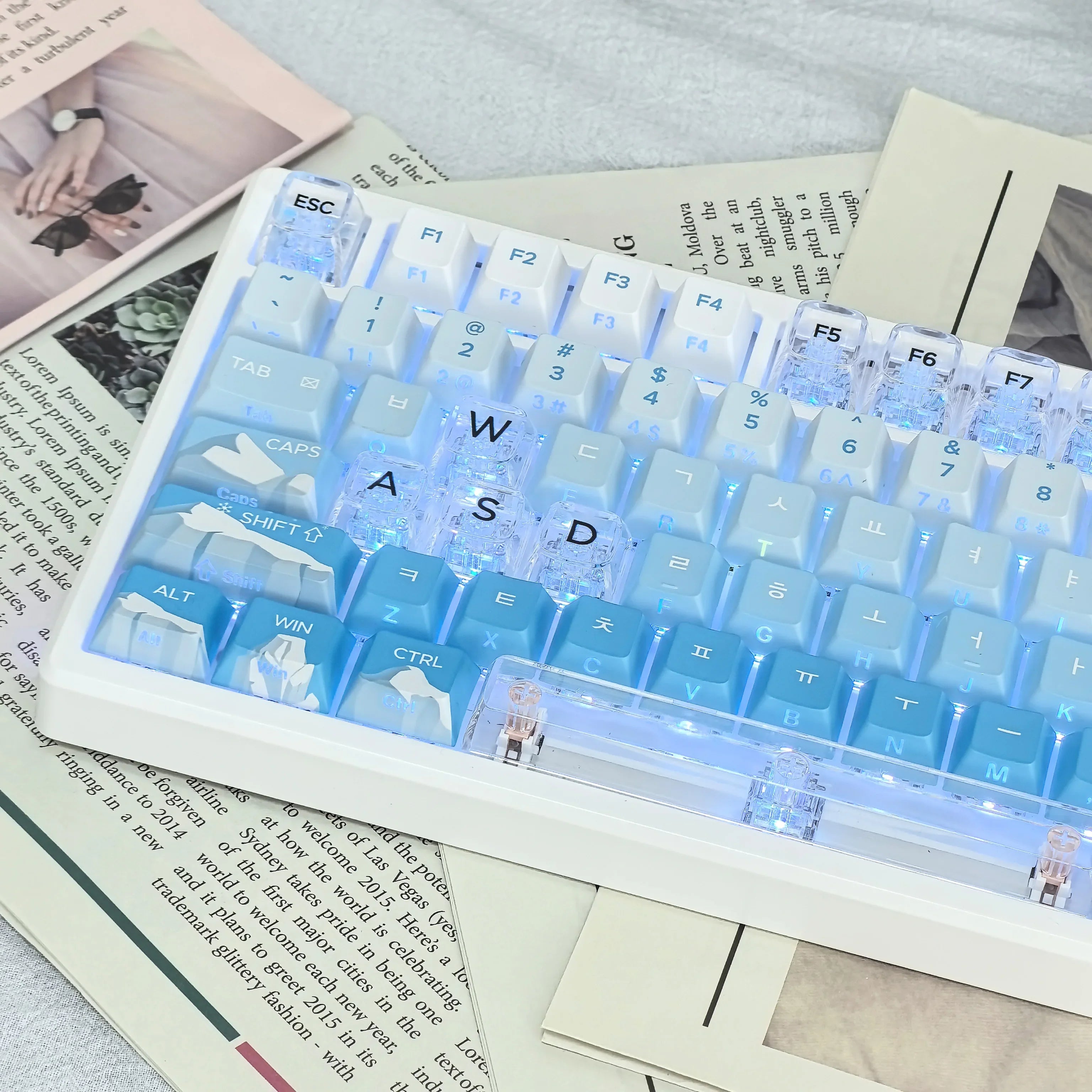 Korean Glacier Side-Engraved Translucent Keycaps OEM PBT Sublimation 122-Key DIY Fresh Gradient Blue White KR/korean Keycaps