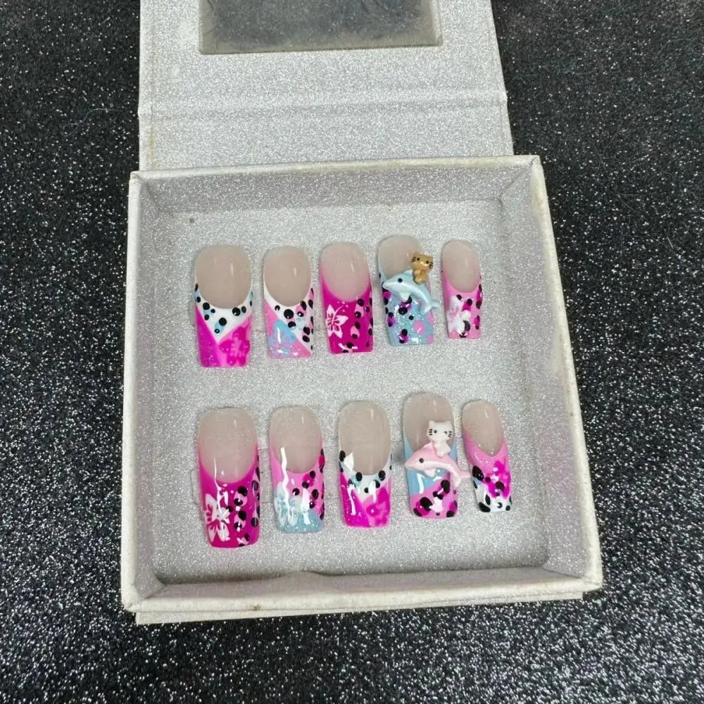 Cute 2024 Coffee Brown 3D Handmade Nail Art Sanrio Hello Kitty French Long Coffin Shape Star Kitty Full Coverage Removable Nails