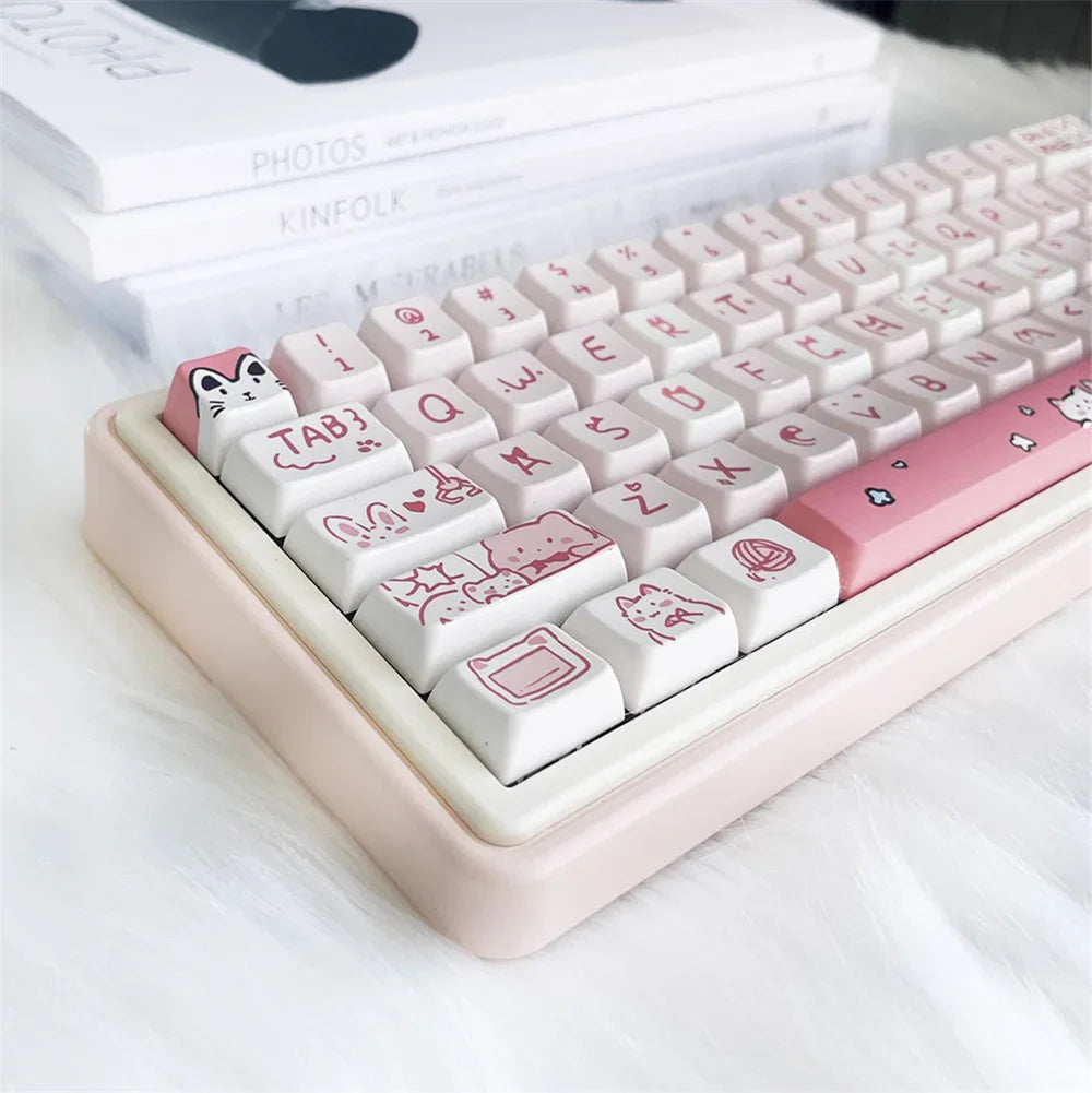 66/146 Keys MDA Profile Pink Cute Cat Keycaps For Gaming Mechanical Keyboard Mx Switch PBT Sublimation Customized DIY Key Caps