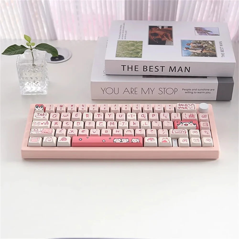 66/146 Keys MDA Profile Pink Cute Cat Keycaps For Gaming Mechanical Keyboard Mx Switch PBT Sublimation Customized DIY Key Caps