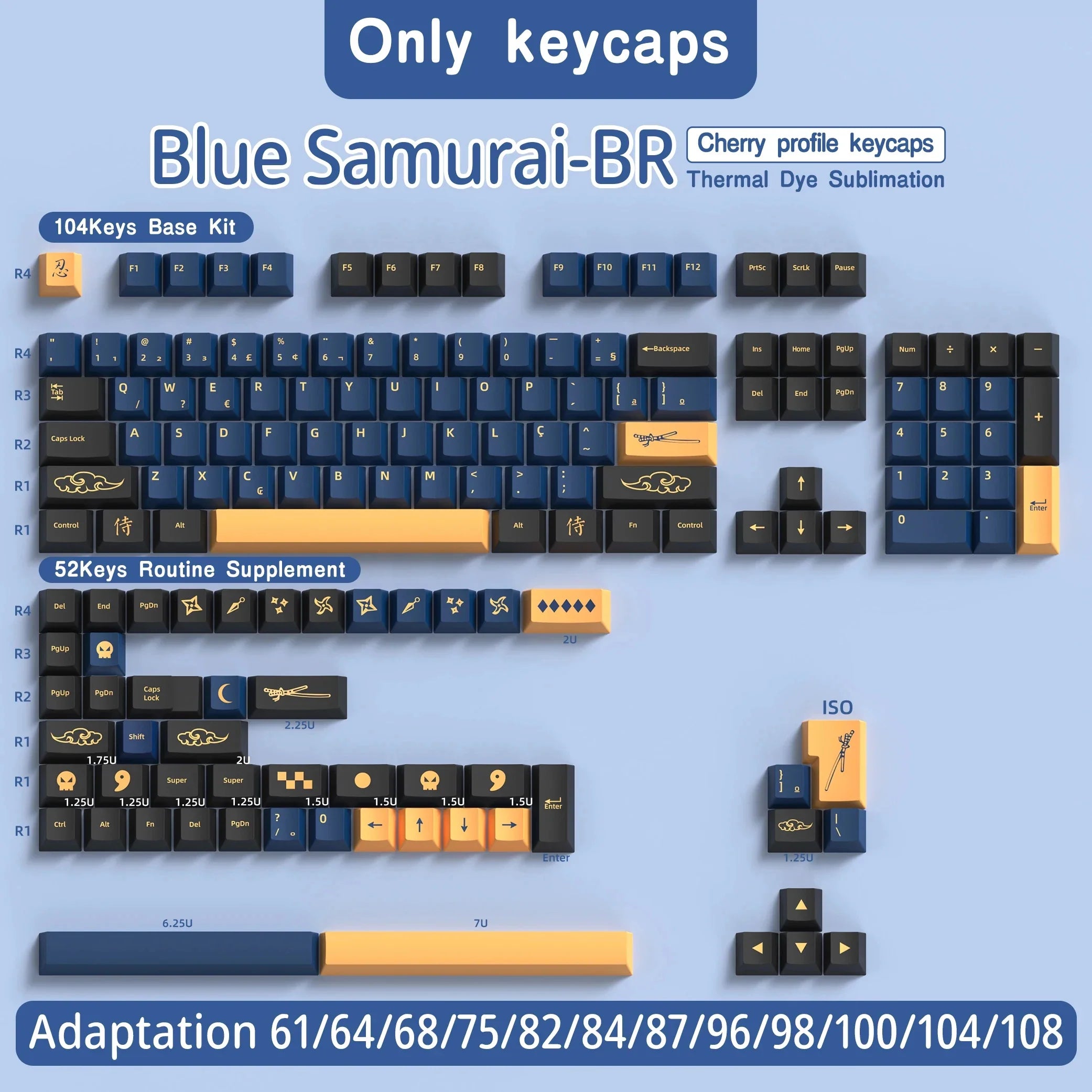 Abnt2 Keycaps Cherry Profile PBT Dye-Sub BR Keycaps Monster Red Samurai Blue Samurai For Mechanical Keyboard 7U Space bar