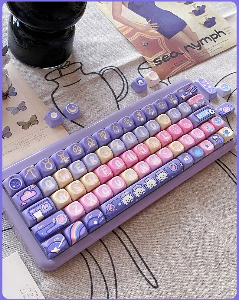 Cat Candy Planet Keycap Pbt Material SOA Height Full Five-Sided Sublimation Process Round And Cute Diy Purple Rainbow Keycaps