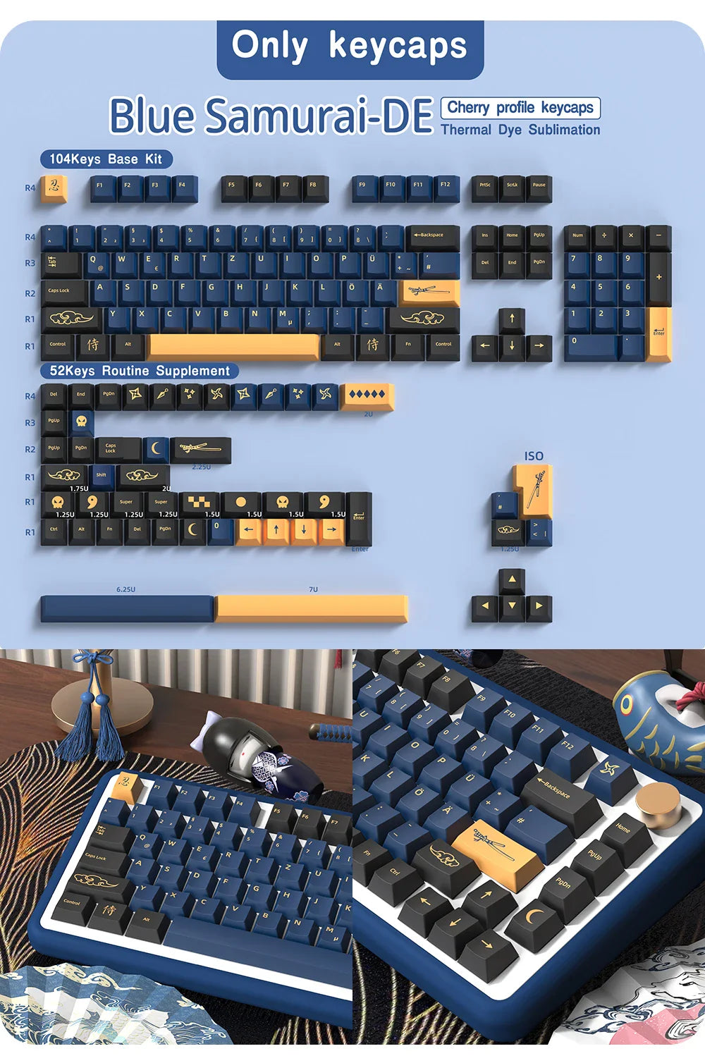 Blue Samurai Keycaps Japanese/Korean/Russian/German/Spanish/French PBT Keycap Cherry Profile for GMK Custom Mechanical Keyboard