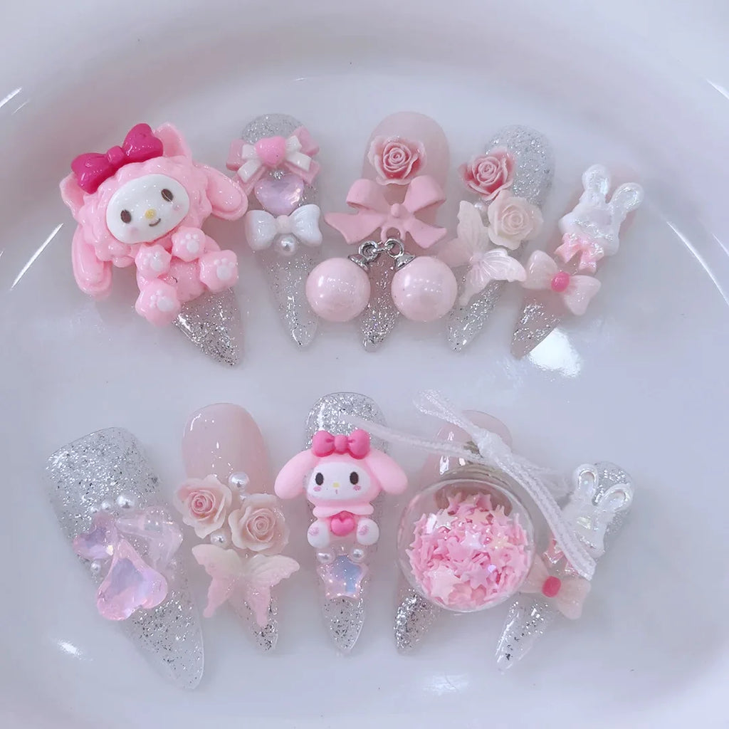 10Pcs Cute 3D Hello Kitty Kuromi Cartoon Handmade Nail Art Fashion Bow Luxury Diamond Detachable Full Cover Nails Holiday Gift