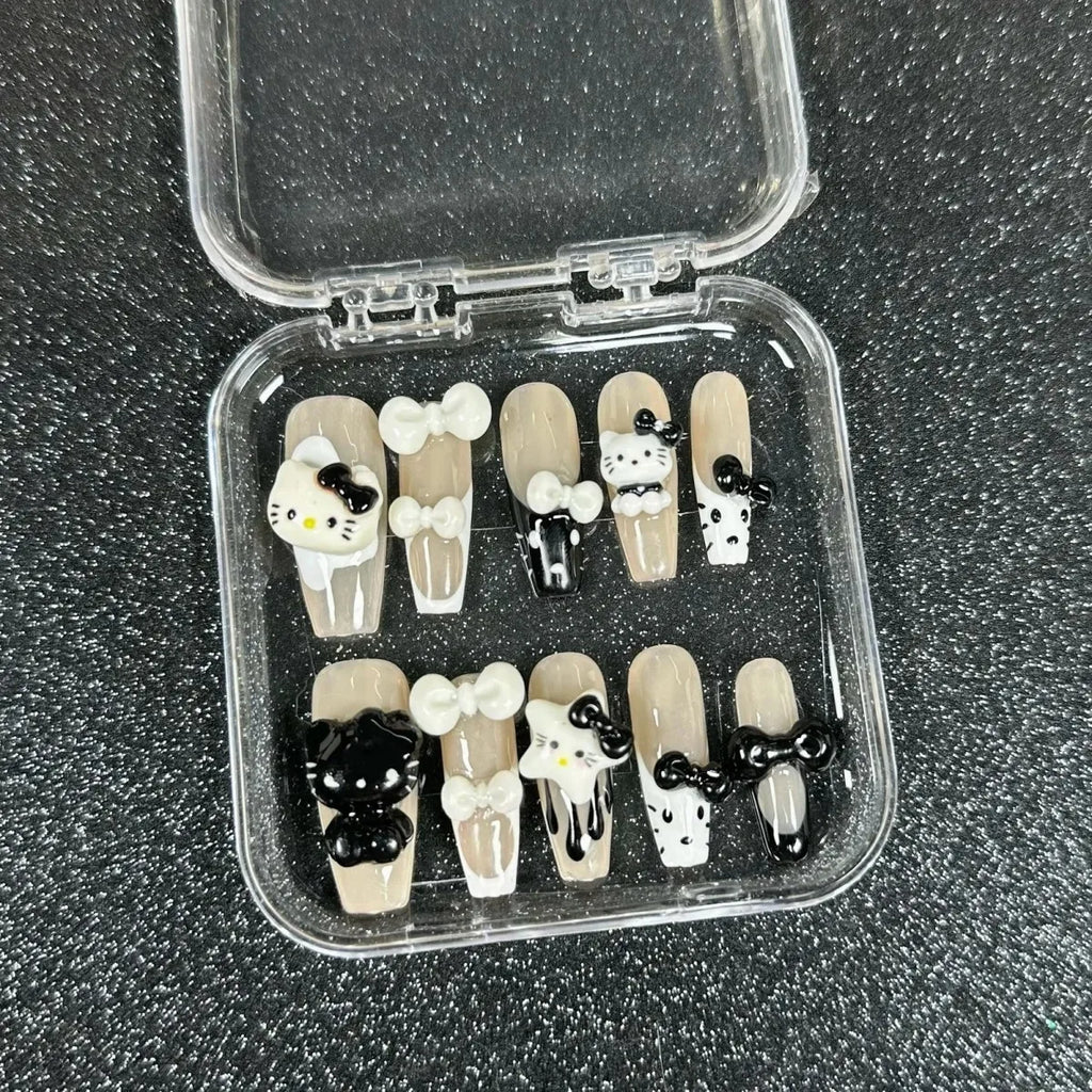 Cute 2024 Coffee Brown 3D Handmade Nail Art Sanrio Hello Kitty French Long Coffin Shape Star Kitty Full Coverage Removable Nails