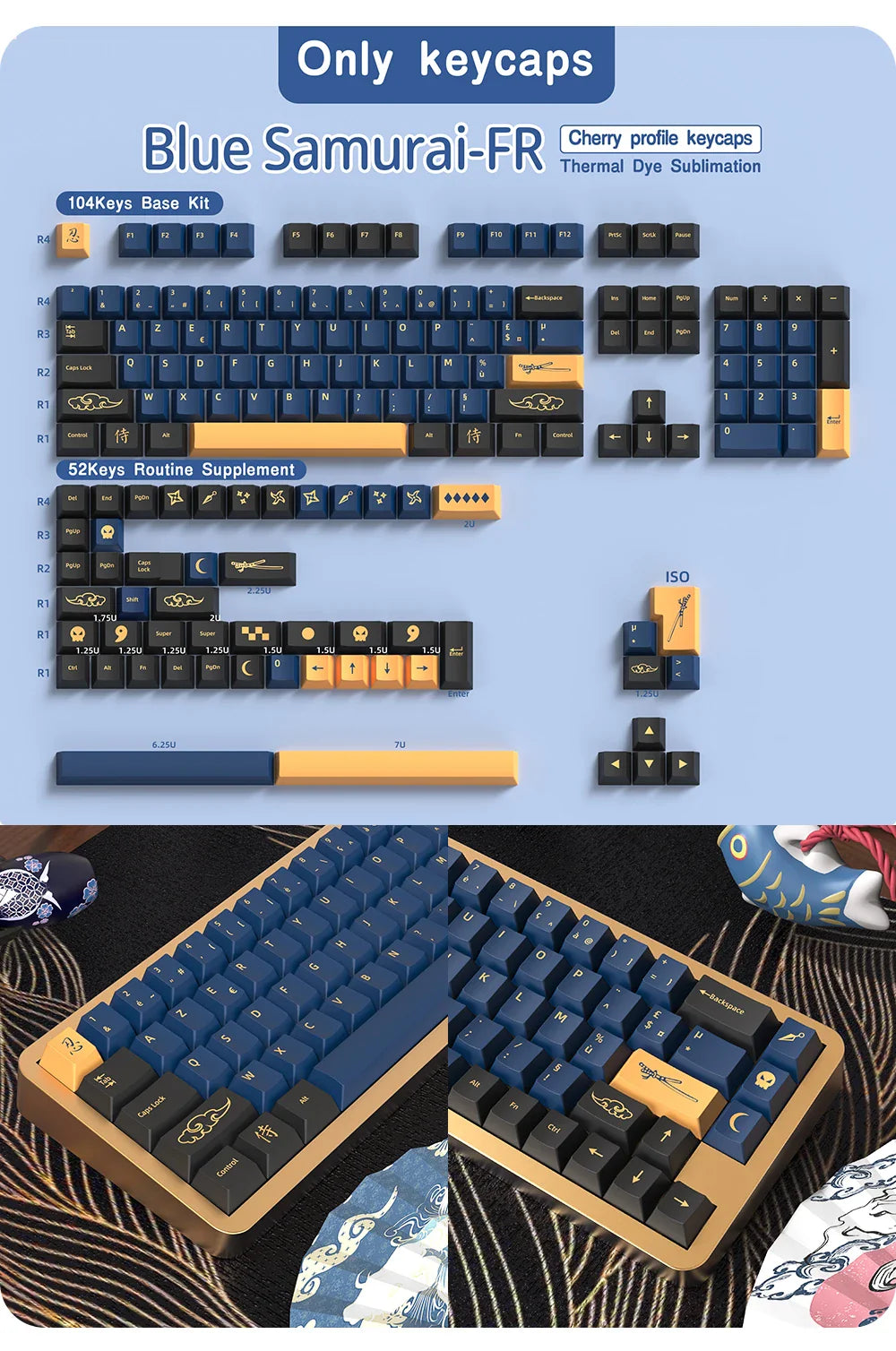 French Keycap 136-156 Keys BPT Cherry Profile FR Keycaps For French keyboard MX Mechanical Keyboard 7U Space Keys Hi75