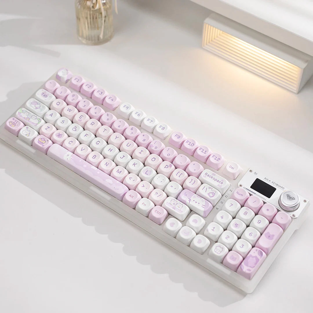 Cat Afternoon Tea Theme Purple Keycap 132 Keys MOA Height PBT Five-sided Sublimation Cute Keycaps for Mechanical Keyboard