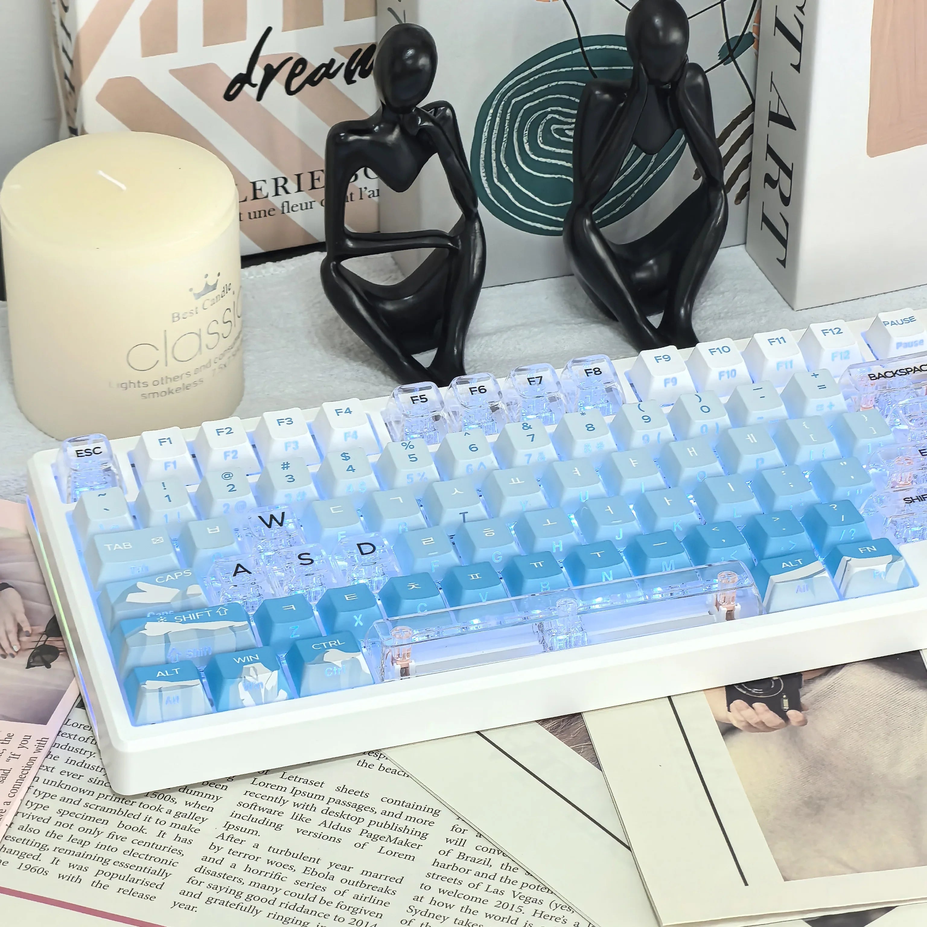 Korean Glacier Side-Engraved Translucent Keycaps OEM PBT Sublimation 122-Key DIY Fresh Gradient Blue White KR/korean Keycaps