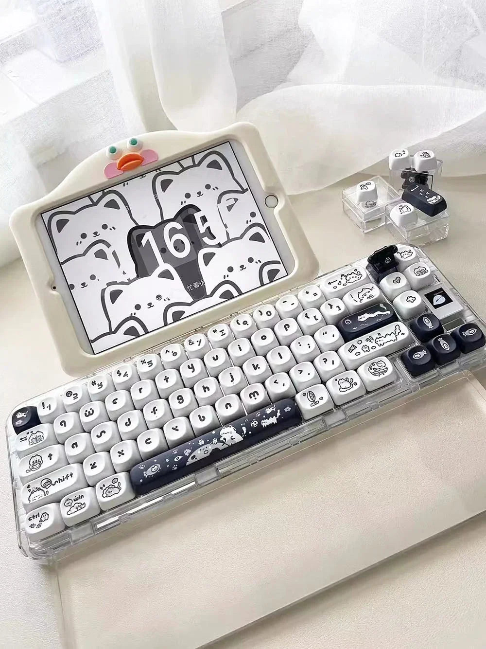 Naught Cat Black White Keycap 140 Keys MOA Profile PBT Keycaps Dye Sublimation for MX Switch Gaming Mechanical Keyboard Keycap