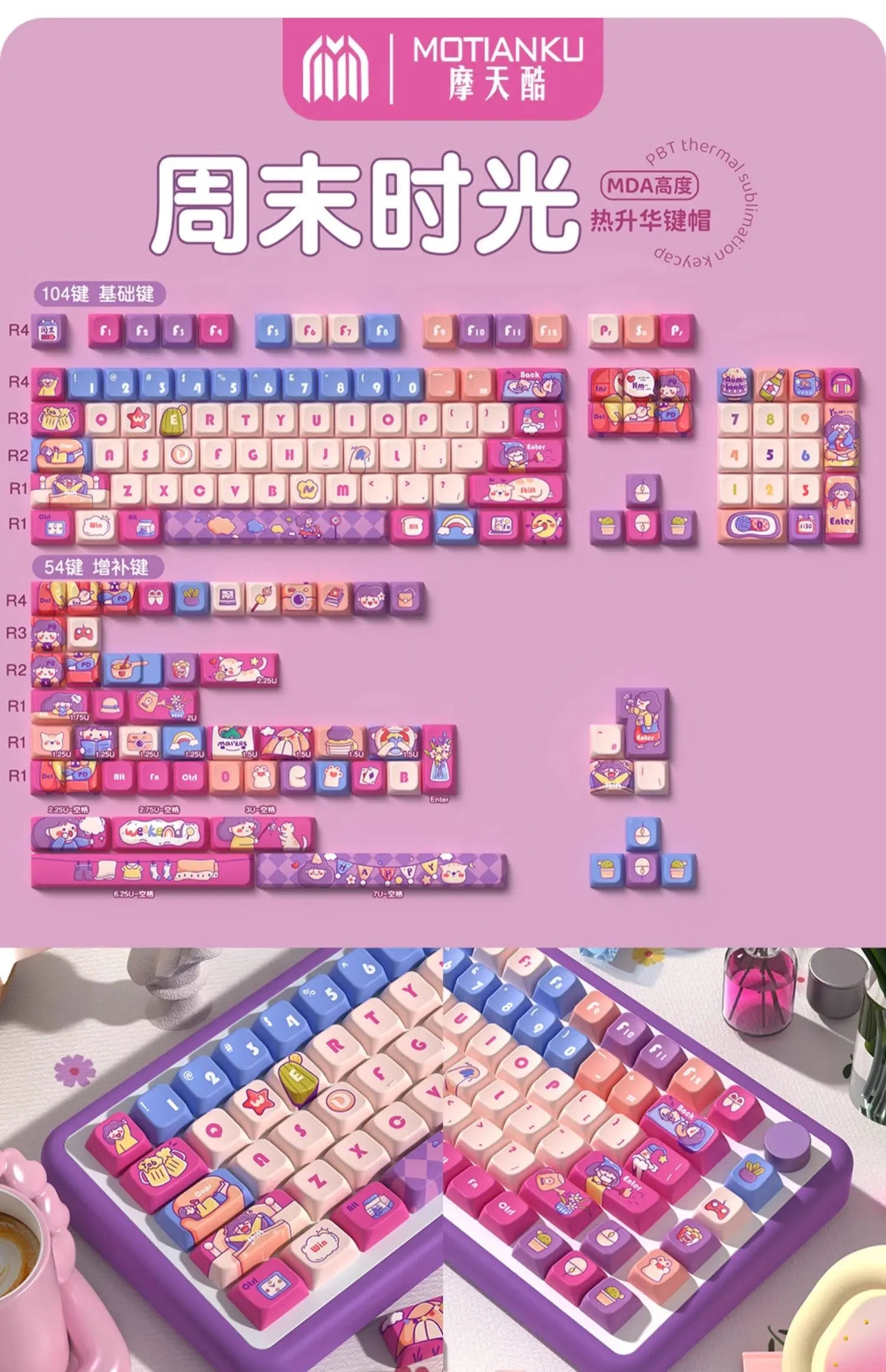 MDA Cartoon Personalized Keycap Set PBT Large Set Creative for MX Switch 60/84/90/104/108 Gaming Mechanical Keyboards