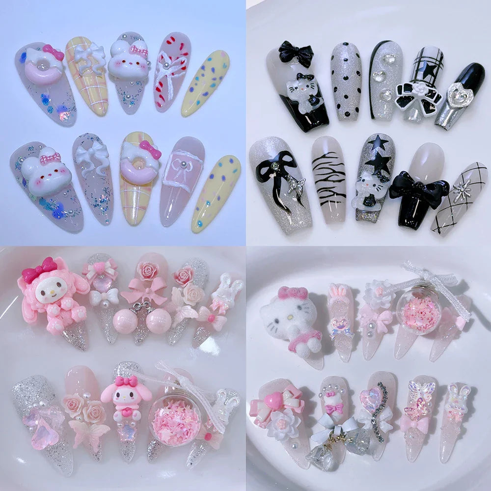 10Pcs Cute 3D Hello Kitty Kuromi Cartoon Handmade Nail Art Fashion Bow Luxury Diamond Detachable Full Cover Nails Holiday Gift