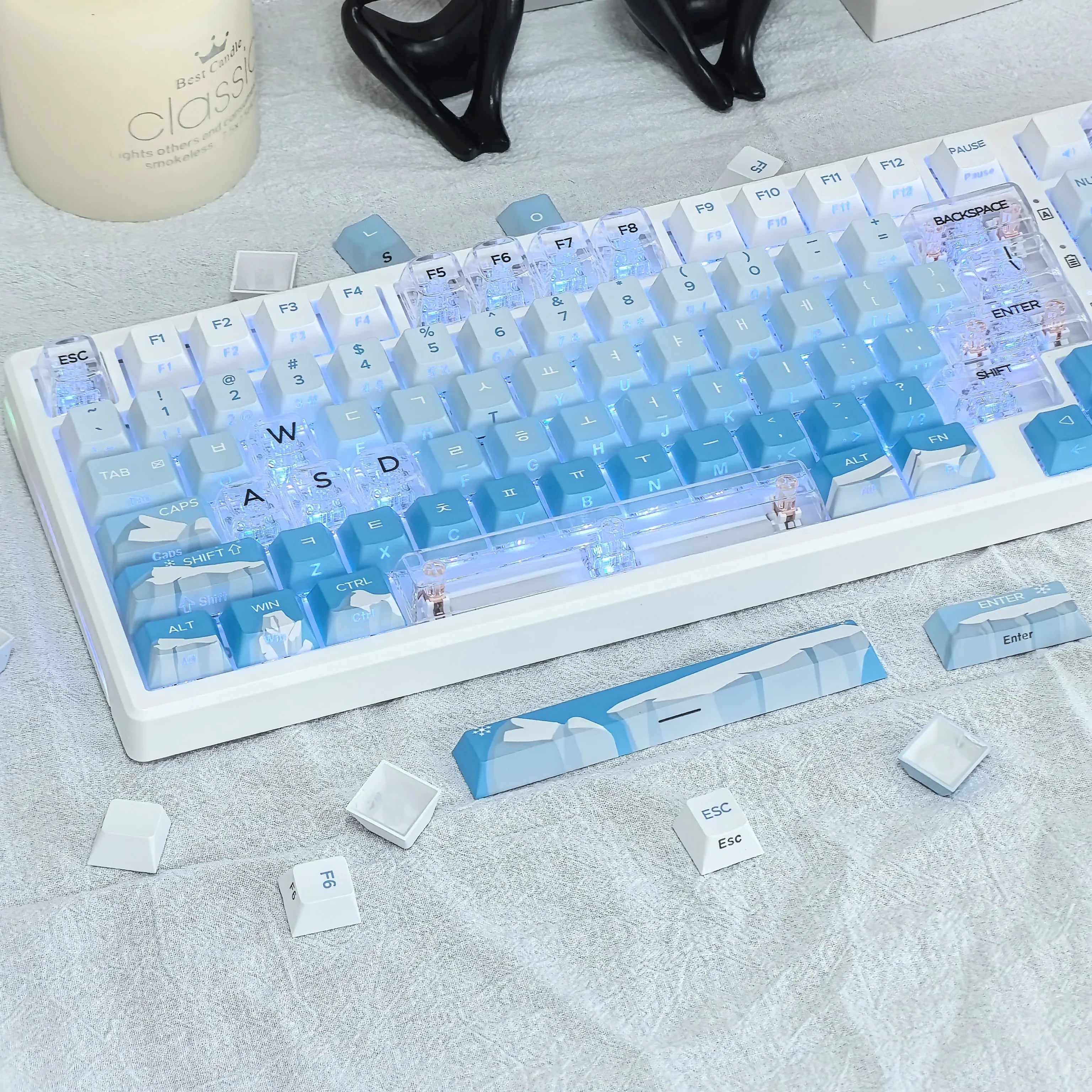 Korean Glacier Side-Engraved Translucent Keycaps OEM PBT Sublimation 122-Key DIY Fresh Gradient Blue White KR/korean Keycaps