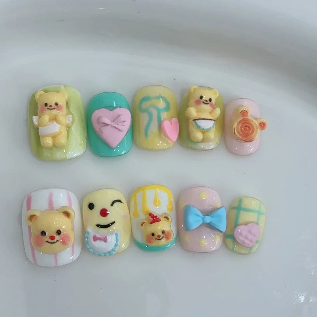 10Pcs Cute 3D Hello Kitty Kuromi Cartoon Handmade Nail Art Fashion Bow Luxury Diamond Detachable Full Cover Nails Holiday Gift