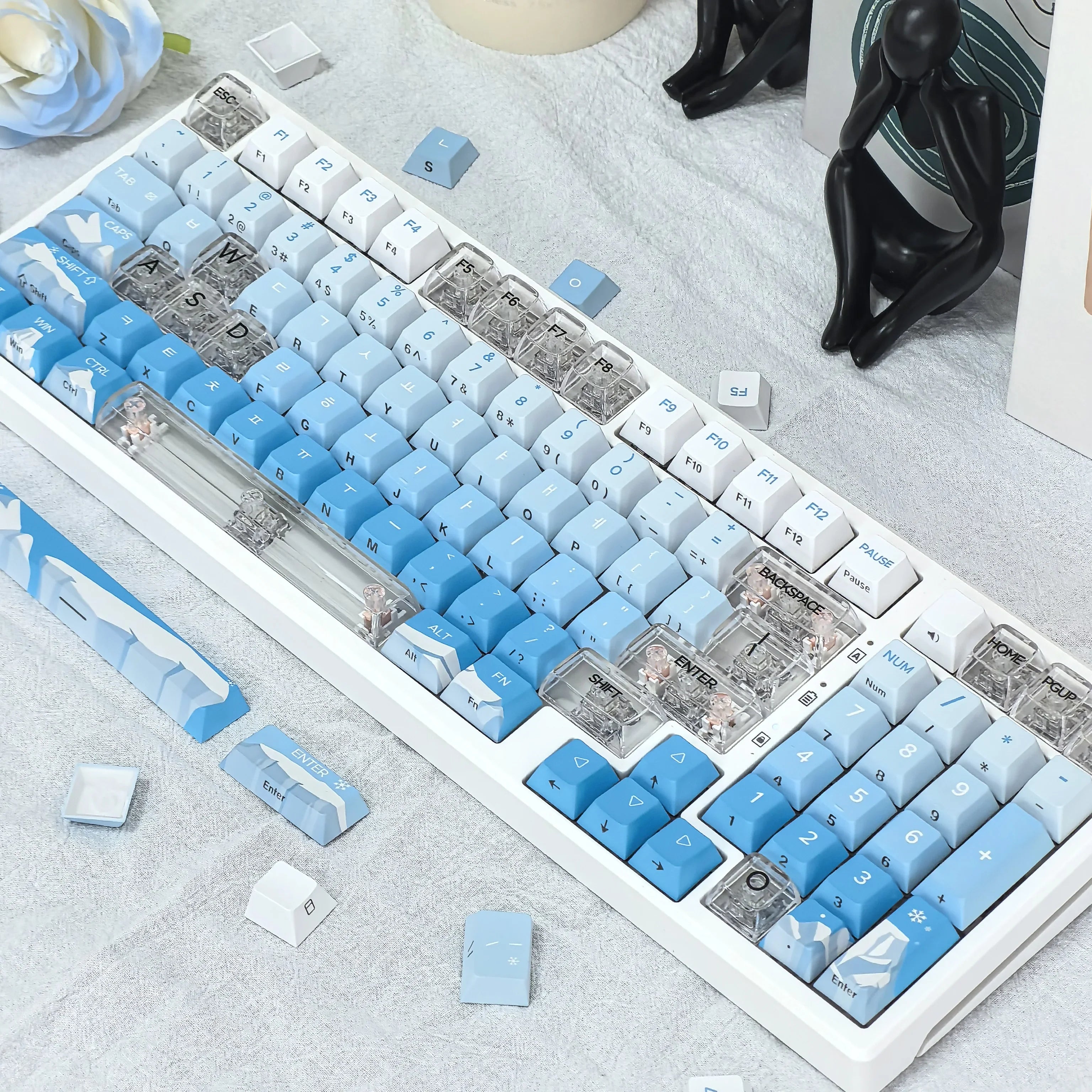 Korean Glacier Side-Engraved Translucent Keycaps OEM PBT Sublimation 122-Key DIY Fresh Gradient Blue White KR/korean Keycaps
