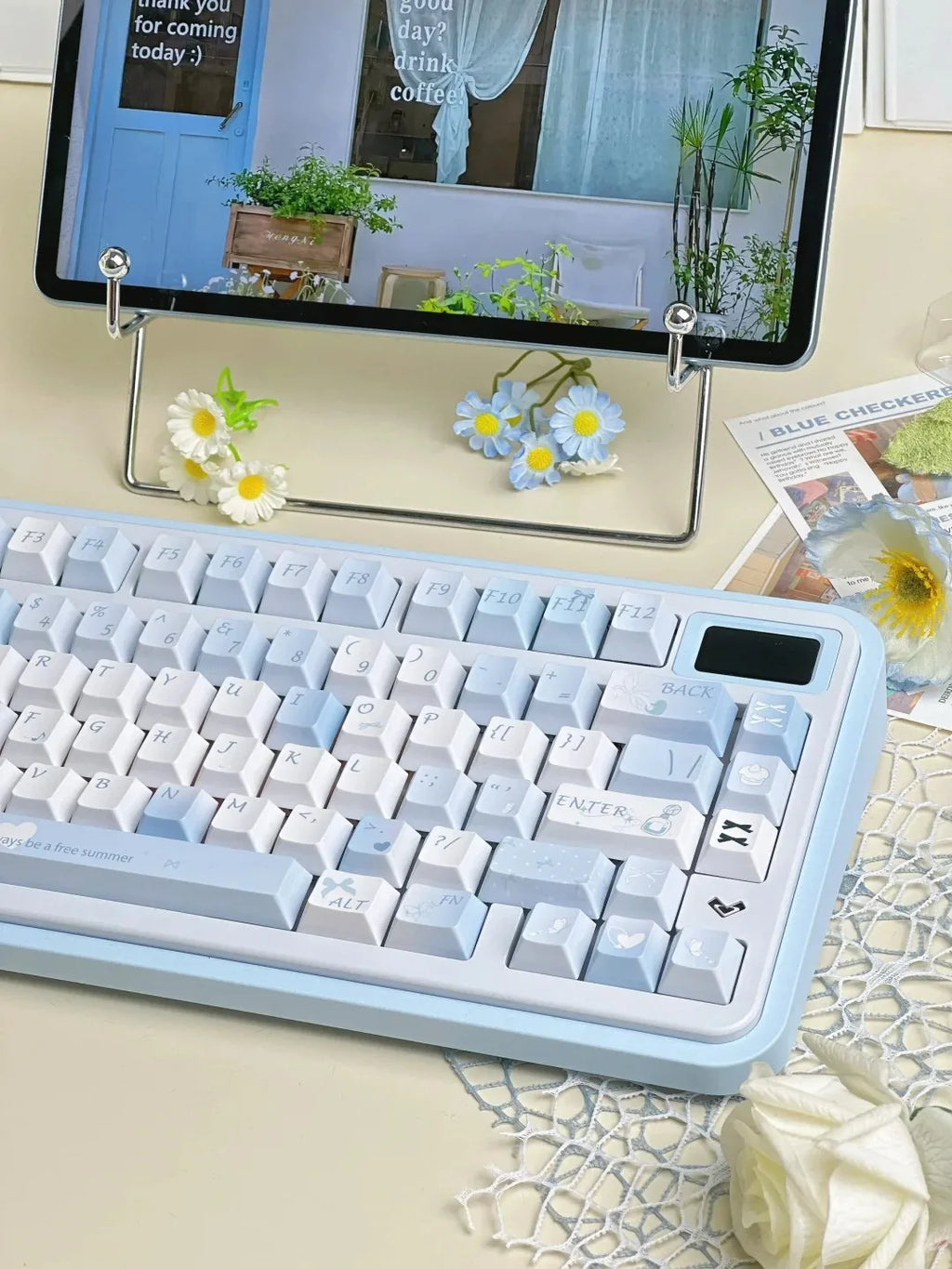 Blue Melody Keycap Set 132 Keys PBT Sublimation Cherry Profile Keycaps for DIY Mechanical Keyboard Small Fresh Summer Key Caps