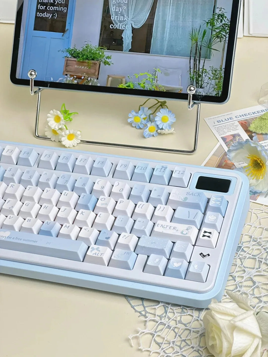 Blue Melody Keycap Set 132 Keys PBT Sublimation Cherry Profile Keycaps for DIY Mechanical Keyboard Small Fresh Summer Key Caps