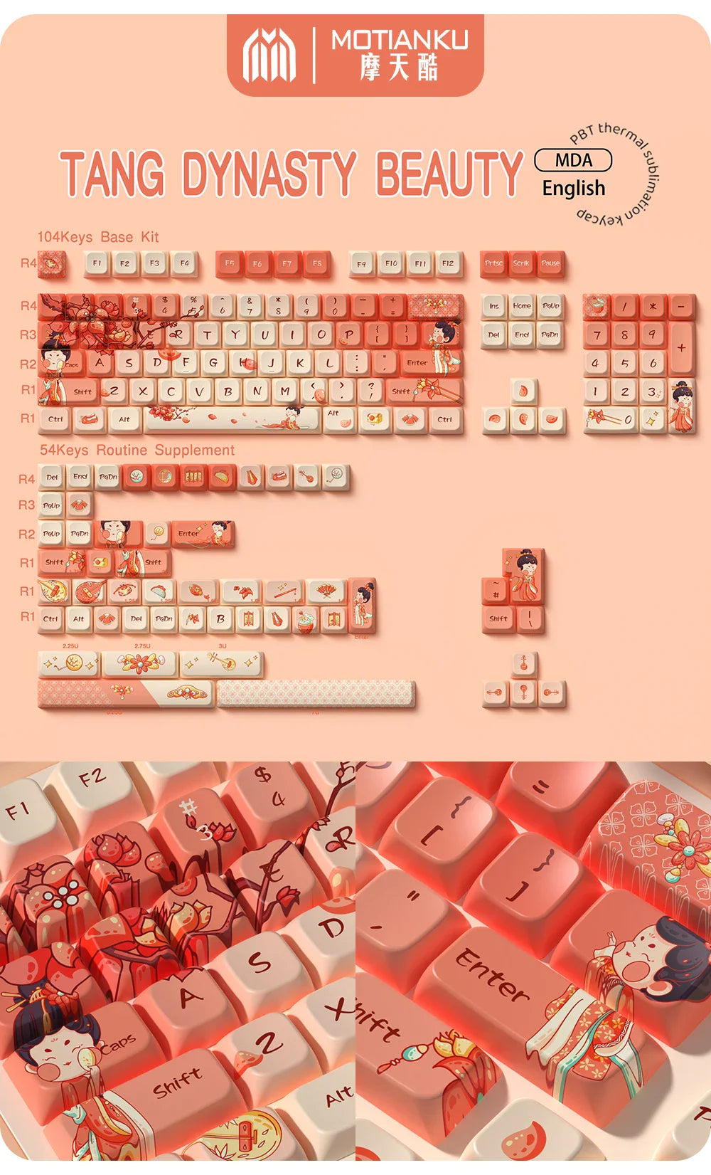Original Theme Keycaps MDA Profile cute Anime PBT Keycap custom For Mechanical Keyboard with iso layout and 7U space bar