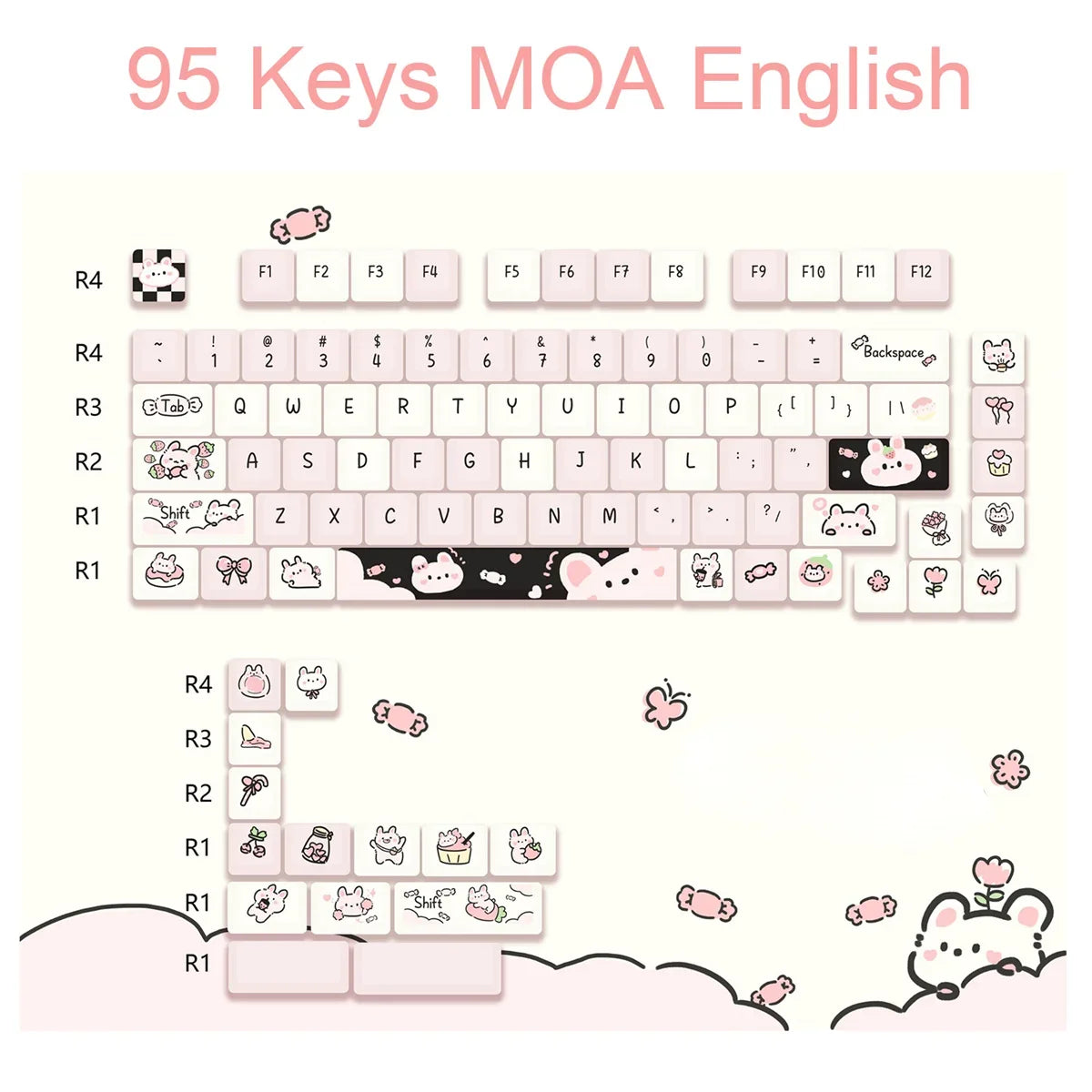 95Keys MOA Profile Cat Theme PBT Key Caps Pink Blue Puppy Cute  Keycaps for GK61 RK836 MX Switches Mechanical Keyboard