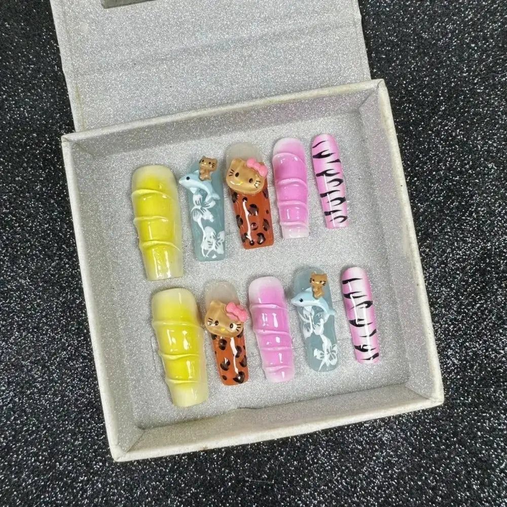 Cute 2024 Coffee Brown 3D Handmade Nail Art Sanrio Hello Kitty French Long Coffin Shape Star Kitty Full Coverage Removable Nails