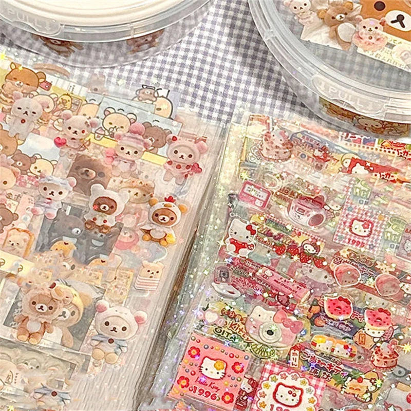 5pcs Hello Kitty Rilakkuma Cute Cartoon Die-cutting Sticker Kitty Cat Anime Handbooks Material Stickers Flashing Laser Stickers