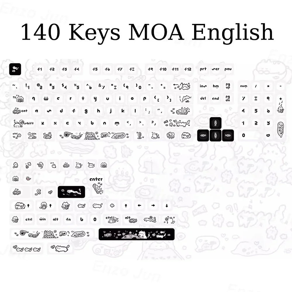 Naught Cat Black White Keycap 140 Keys MOA Profile PBT Keycaps Dye Sublimation for MX Switch Gaming Mechanical Keyboard Keycap