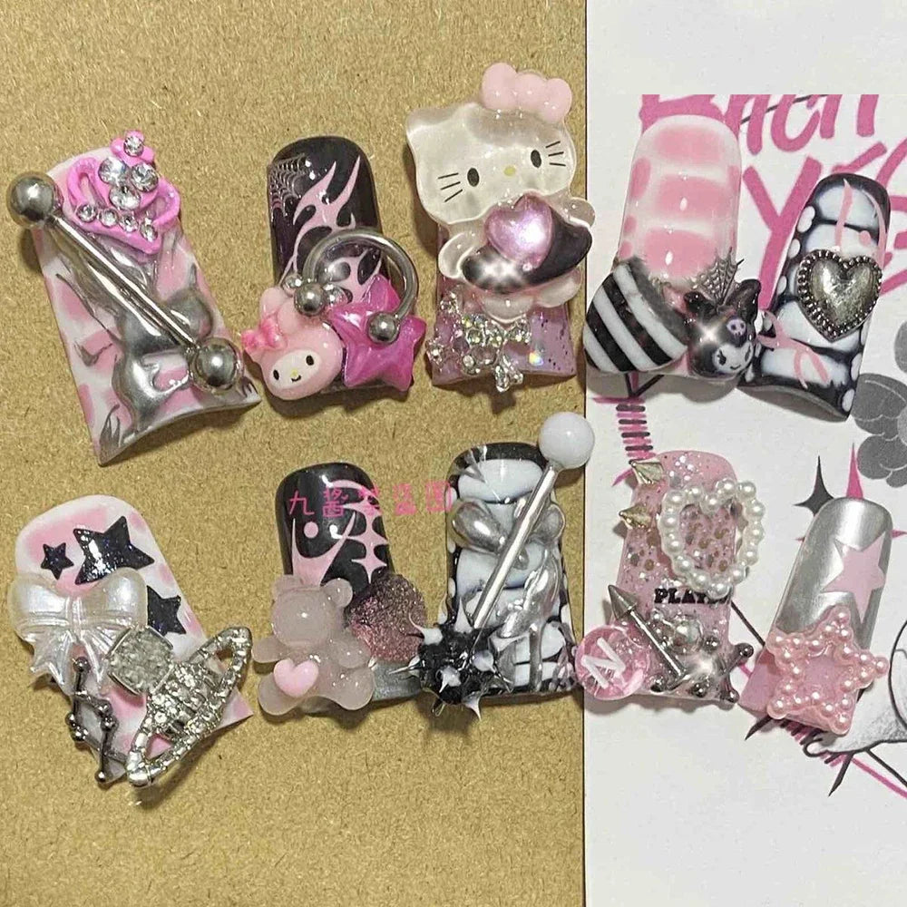 Sanrio Y2K Cartoon Long Square Crocodile Pattern Handmade Fake Nails Hello Kitty Five-Pointed Star Diamond Pearl Press On Nails