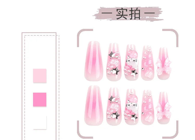 HelloKitty Press on False Nail Sanrio Accessories Y2k Kawaii Cartoon Design Fake Nails Long Detachable Manicure Girls Gift