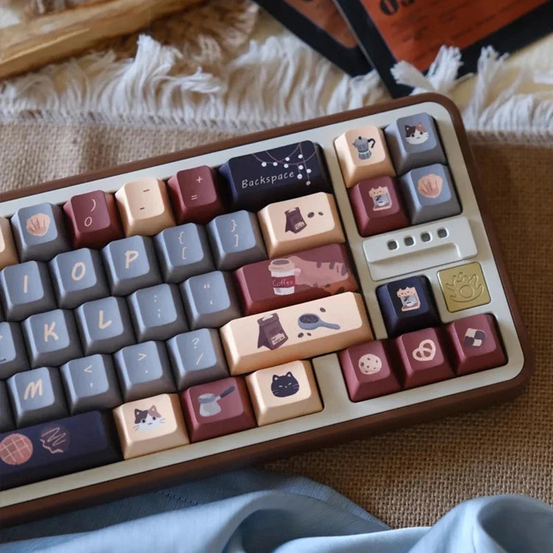 Cute Musk Cat Cafe Theme Keycaps Set PBT Cherry Profile MOA Custom Original Handmade Keycaps for Mechanical Keyboard Accessories