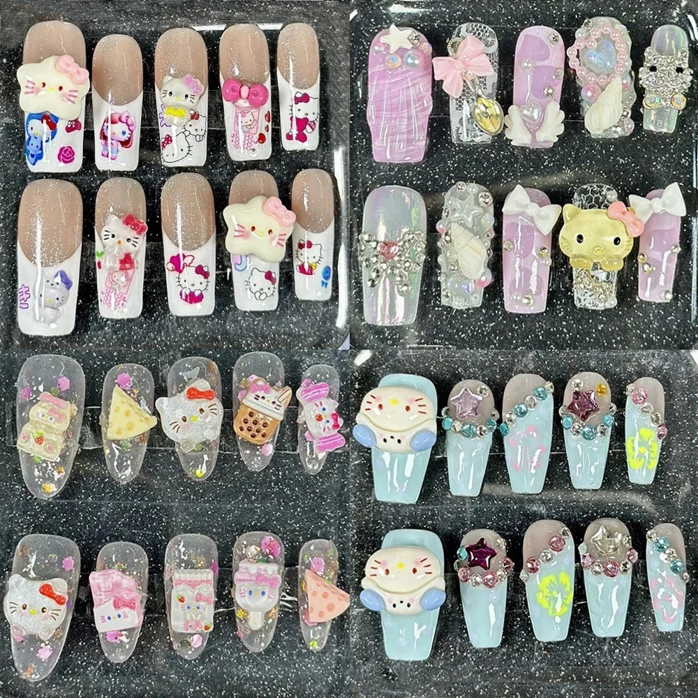 Cute 2024 Coffee Brown 3D Handmade Nail Art Sanrio Hello Kitty French Long Coffin Shape Star Kitty Full Coverage Removable Nails