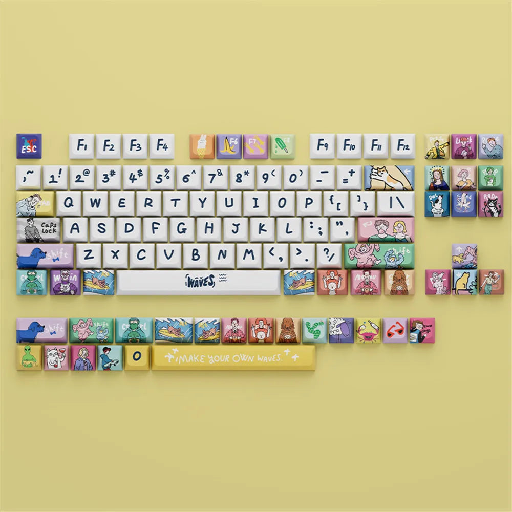 Kjeow Sea Wave Theme Keycaps PBT HM XDA Profile Cartoon Surfer 123 Keys Dye-Sublimation for Custom Mechanical Gaming Keyboard