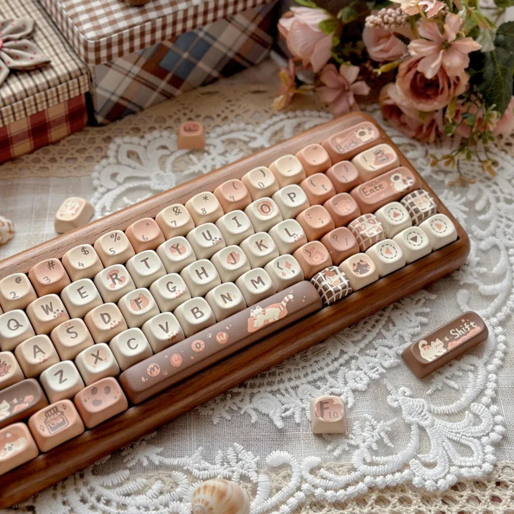 Autumn Cat Coffee Keycap Moa Pbt Full Five Sided Sublimation Diy Coffee Color White Dark Brown Cartoon Animal Cute Cat Keycap