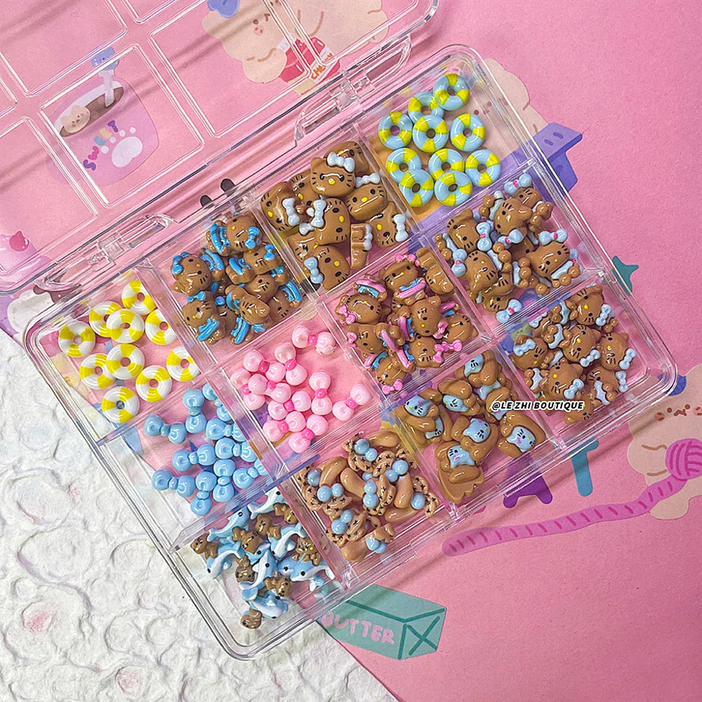 Boxed 120Pcs Kawaii Black Skin Sanrio Hello Kitty Nails Art Charms Accessories 3D Beach Bow Dolphin Resin Nails Decor Promotion