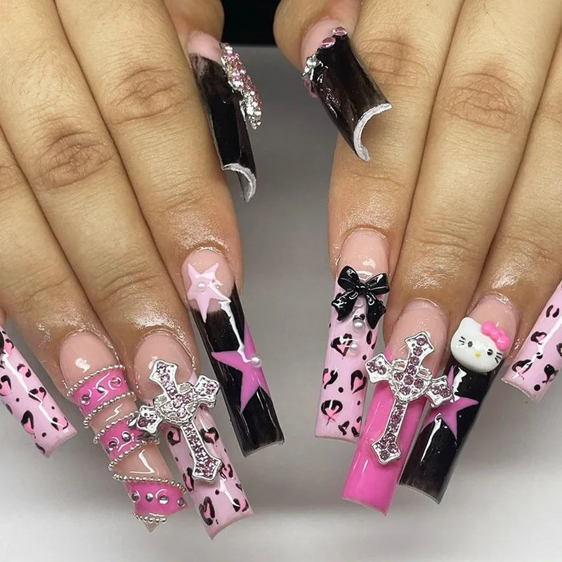 24pcs Light Pink Bowknots Press On Nails Y2k French Style Long Coffin False Nails With Cute Cartoon Metal Star Press On Nail