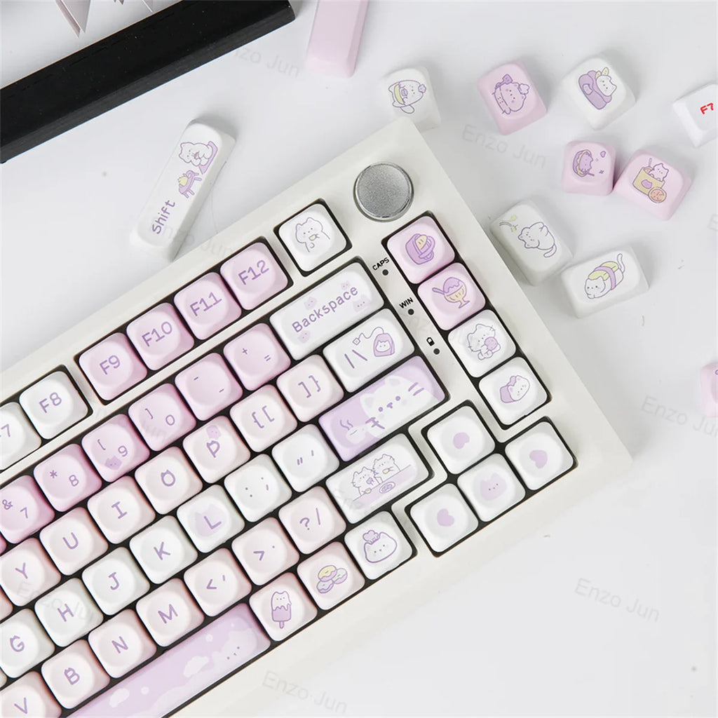 132 Keys Dye Sublimation PBT Keycaps Purple Cute Cat Themed MOT Profile Keycap for Gateron MOA MX Switches Mechanical Keyboard