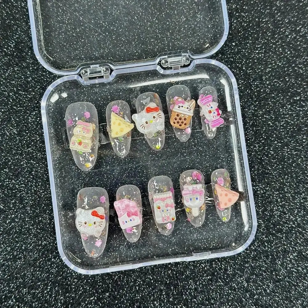 Cute 2024 Coffee Brown 3D Handmade Nail Art Sanrio Hello Kitty French Long Coffin Shape Star Kitty Full Coverage Removable Nails