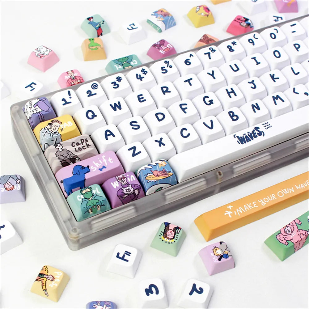 Kjeow Sea Wave Theme Keycaps PBT HM XDA Profile Cartoon Surfer 123 Keys Dye-Sublimation for Custom Mechanical Gaming Keyboard
